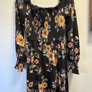Xhilaration Black Long Sleeve Floral Smocked Midi Dress